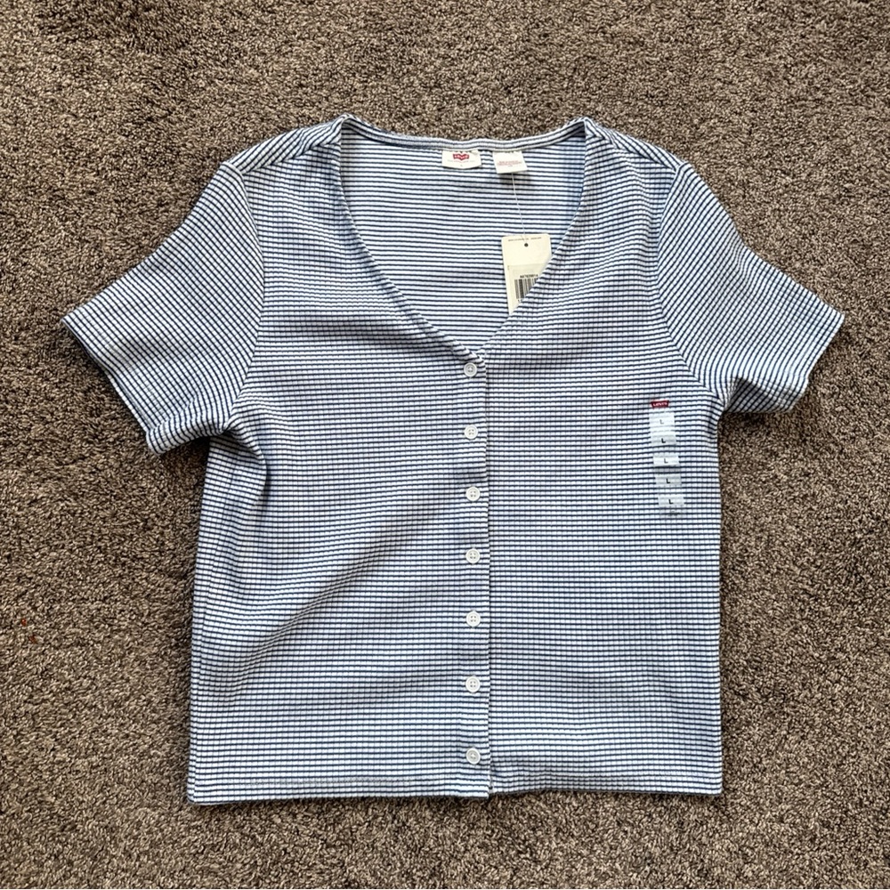 Levi's Blue & White Striped Short Sleeve Button Up V Neck NWT Womens Large Slim